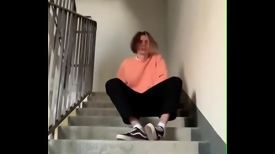 guy jacks On Public Staircase In The Entrance And cums