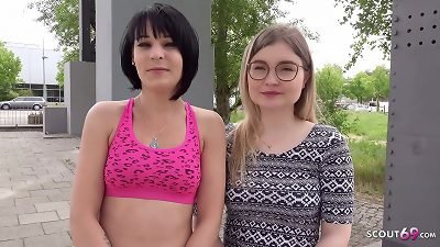 GERMAN SCOUT - two skinny women first TIME FFM three way AT PICKUP IN BERLIN